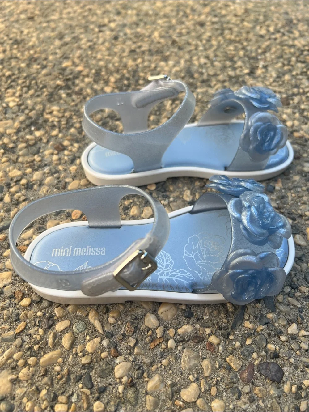 Mini Melissa Light Blue Glitter Rose Appliqué Jelly Sandals